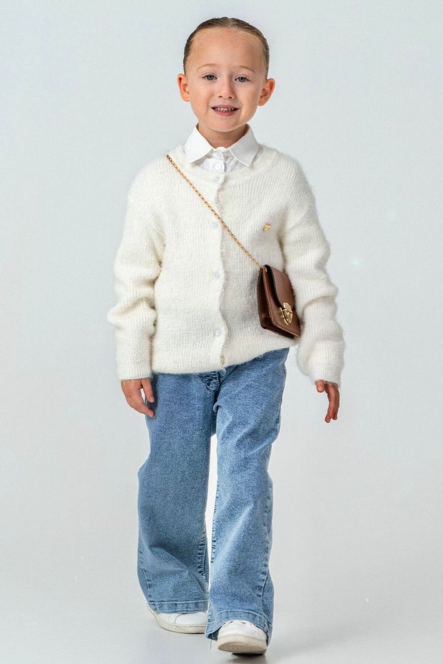 Girl's 4-Piece Combination Set – Soft Textured Cardigan, Shirt, Wide-Leg Jeans and Mini Bag