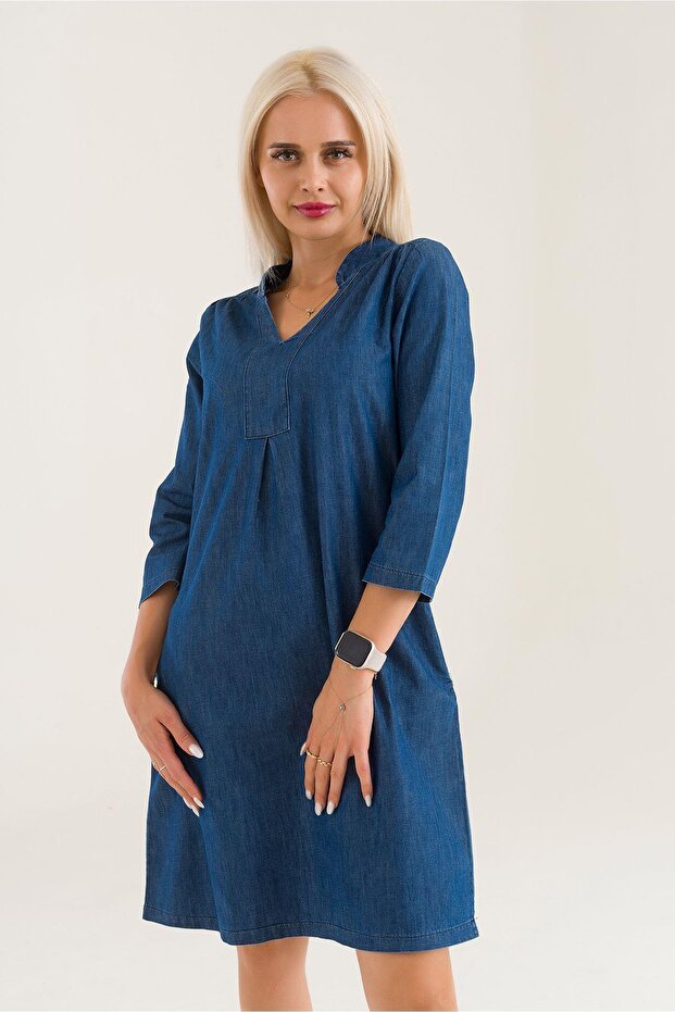 Women's Blue Pocket 3/4 Sleeve Washed Cotton Legendary Denim Dress