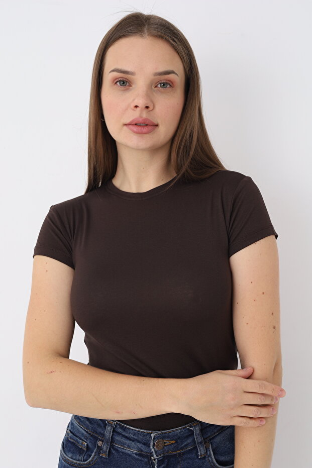 Women's Bitter Brown Short Sleeve Crew Neck Bodysuit