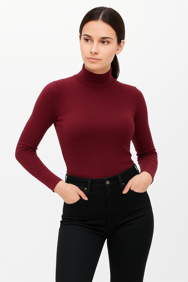 Women's Half Turtleneck Long Sleeve Ribbed Knit Corded Fabric Claret Red Blouse - Novelle