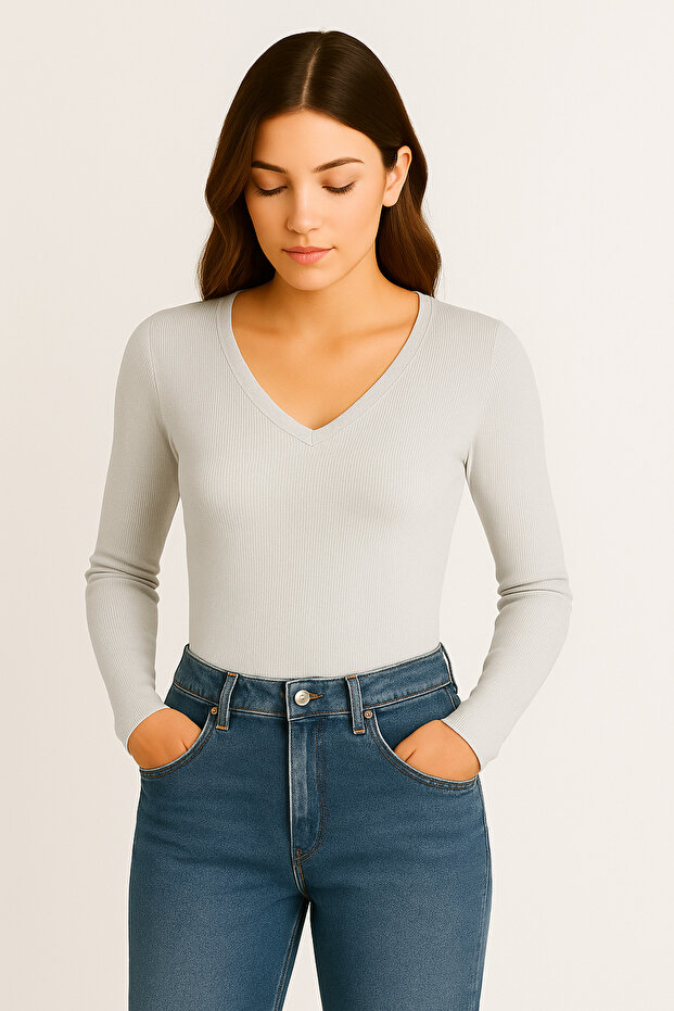 Women's Corded Fabric V-Neck Ribbed Knit Gray Blouse – Novelle