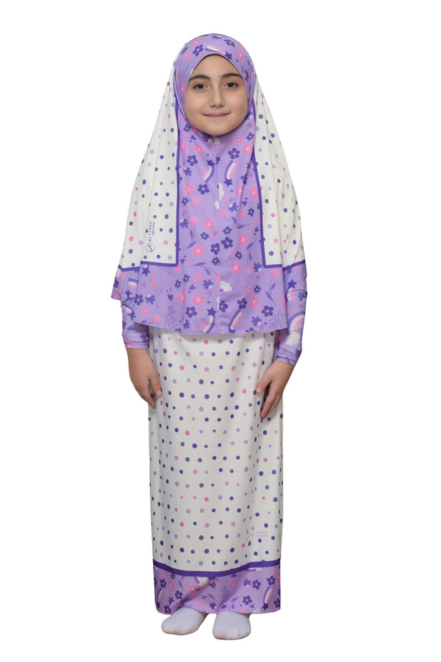 Children's Prayer Suit Practical Two Pieces Patterned Sleeves and Removable Headscarf Lycra Hijab Dress (6-12