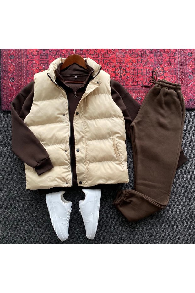Padded Inflatable Vest Fleece Half Zip Sweat and Fleece Tracksuit 3-Piece Set
