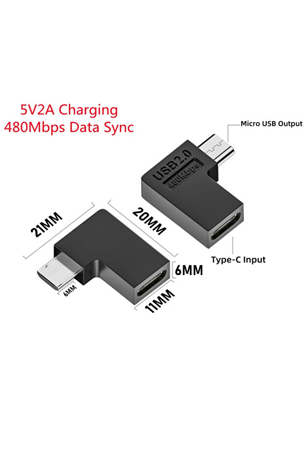 قطعة واحدة من محول USB 2.0 من النوع C أنثى إلى Micro-USB ذكر بزاوية 90 درجة يمين/يسار على شكل حرف U، شحن 5 فولت 2 أمبير