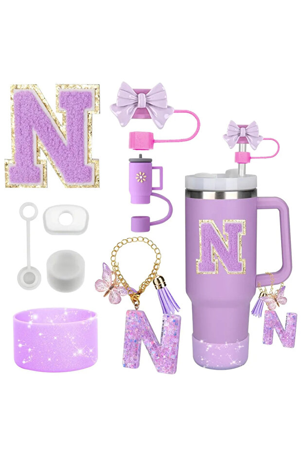 N-Purple-8pcs 8PCS Accessories Set for Stanley Cup Purple 30oz 40oz tumbler Silicone Straw Topper Co