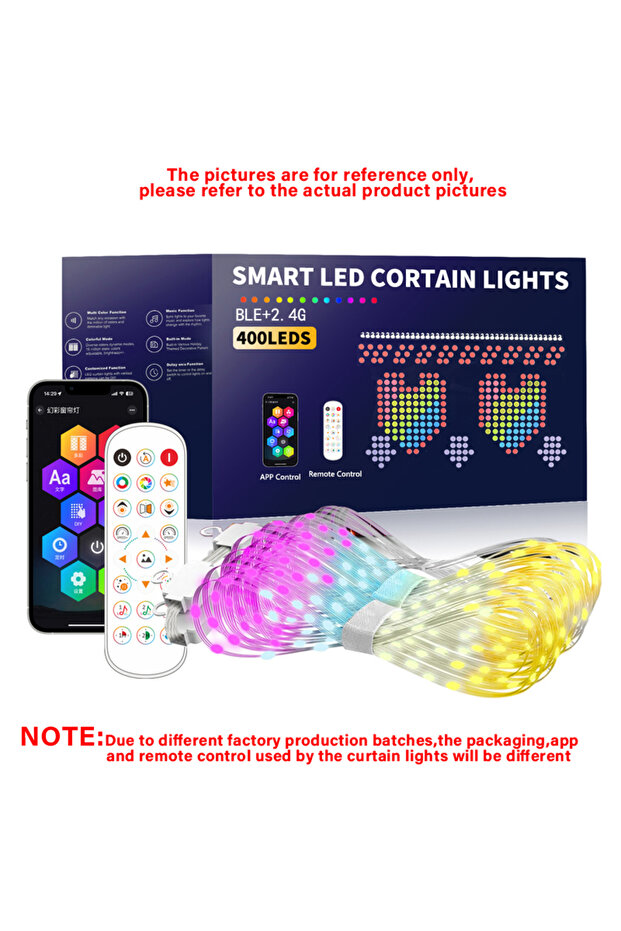 أضواء ستائر يمكنك تركيبها بنفسك، مقاس 2x2 متر، مزودة بمنفذ USB، وأضواء LED ذكية متعددة الألوان، وجهاز تحكم عن بعد، وتطبيق بلوتوث.