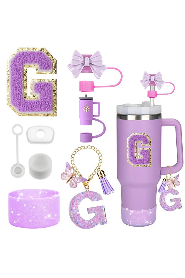 G-Purple-8pcs 8PCS Accessories Set for Stanley Cup Purple 30oz 40oz tumbler Silicone Straw Topper Co