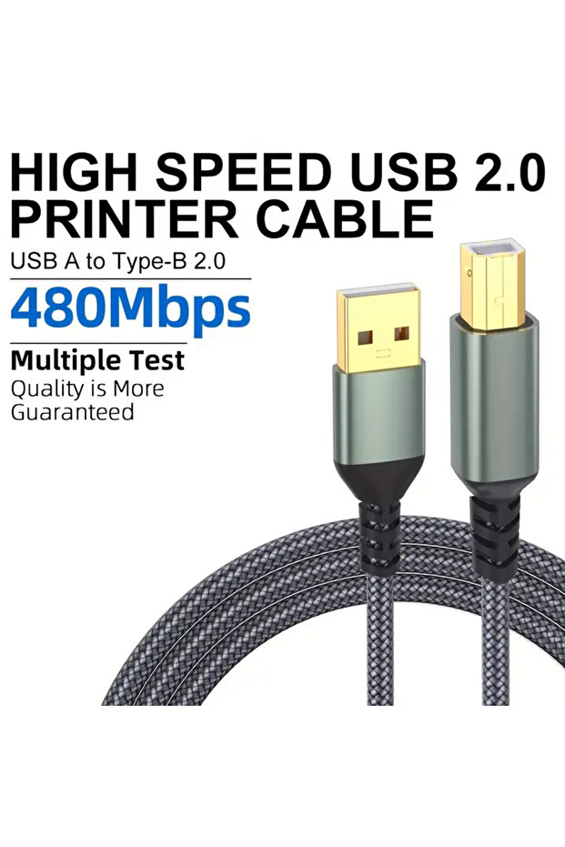 كابل طابعة USB A إلى USB B رمادي اللون بطول متر واحد، كابل MIDI، سرعة نقل عالية تصل إلى 480 ميجابت في الثانية، مضفر ومتين