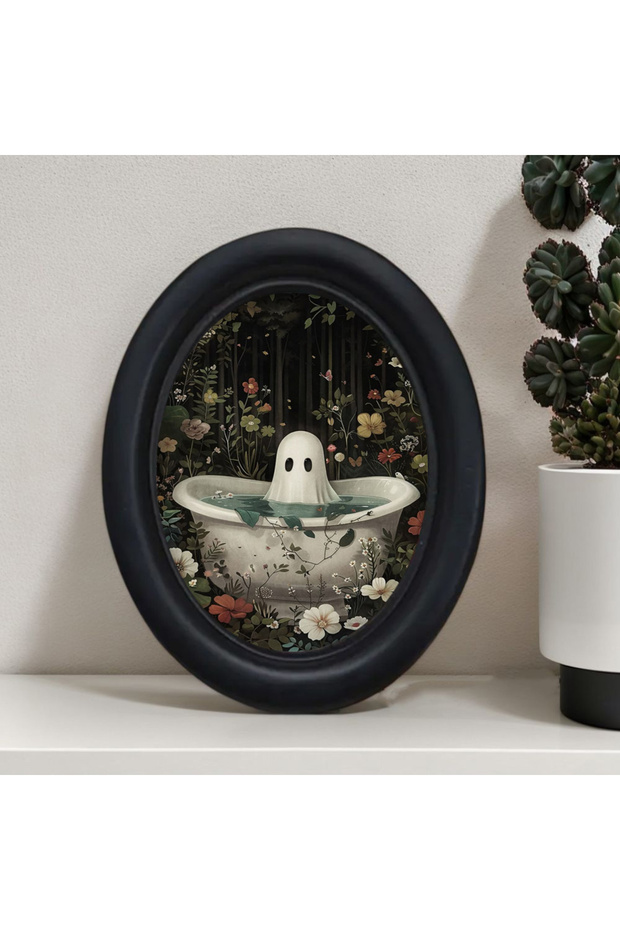 black 1 Piece of Vintage Halloween Ghost Bathing in Flowers Decorative Wall Art - Handmade Oval Wood