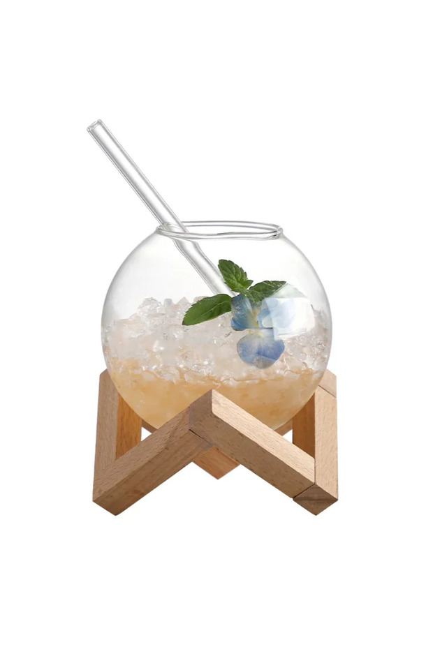 400ml 3-piece set Drink Glass Cup With Wood Stand Creative Lunar Round Shape Drink Cup Cocktail Mug
