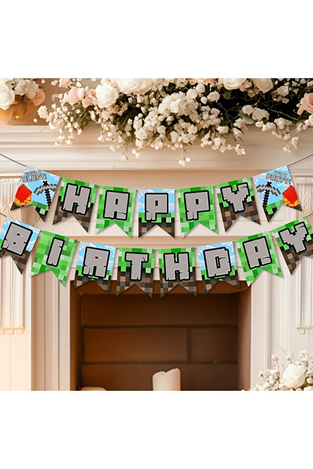 green Pixel Happy Birthday Banner Pre-strung Video Game Theme Birthday Decorations Pixel Bday Decora