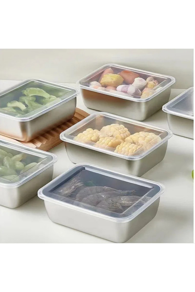 1Pc with lid Stainless Steel Food Storage Serving Trays Rectangle Sausage Noodles Fruit Dish with Co