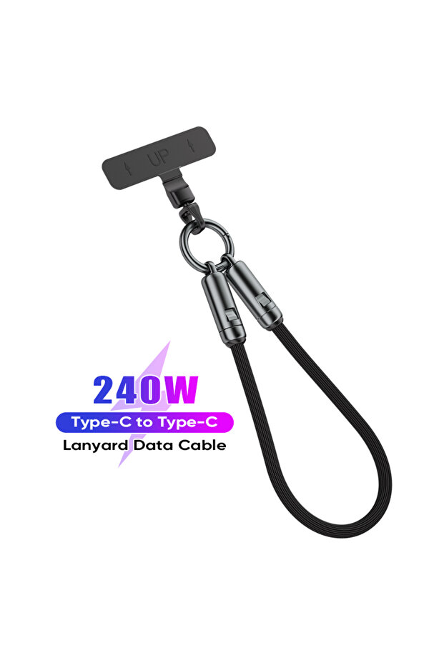 كابل شحن أسود بطول 30 سم وقدرة 240 واط، يُربط على المعصم، من النوع C إلى USB-C، يدعم الشحن السريع 5 أمبير.