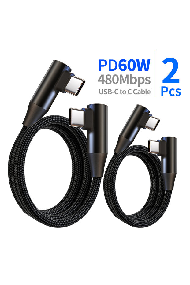 كابل شحن سريع USB-C أسود بطول 0.5 متر، عبوة من قطعتين، بقوة 60 واط، بزاوية 90 درجة، متين، متوافق مع أجهزة iPhone 16/15 وS24/S23 وiPad