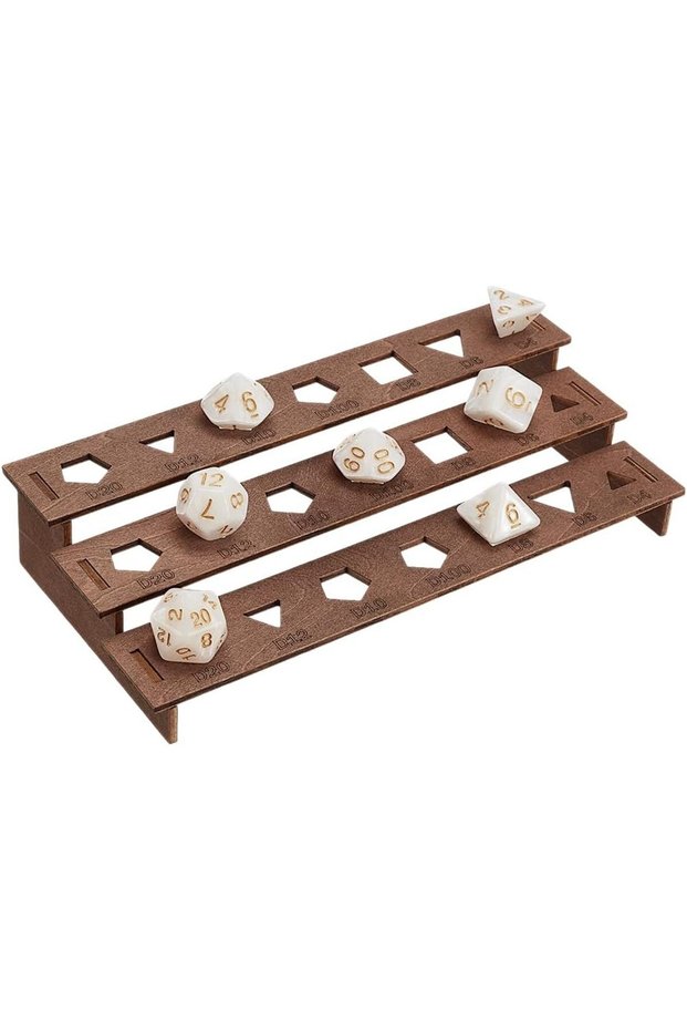 AECH09-07261 Wooden Dice Holder - 3 Tier Display Rack Coconut Brown Storage Shelf Holds 21 Pcs of Po