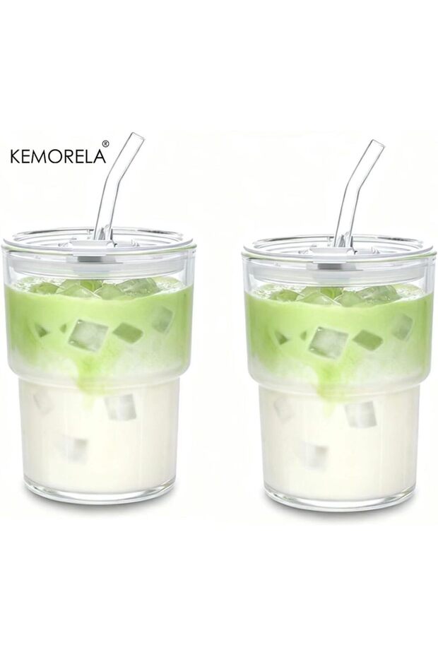 420ML 2PCS Thick Wall Glass Cup with Straw,1/2 Pcs Tumbler with Leak Proof Lid 420ML for Iced Coffee