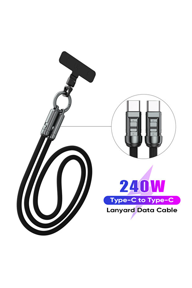 كابل شحن جوال أسود بطول 120 سم وقدرة 240 واط، يُربط على المعصم، من النوع C إلى USB-C، يدعم الشحن السريع 5 أمبير.