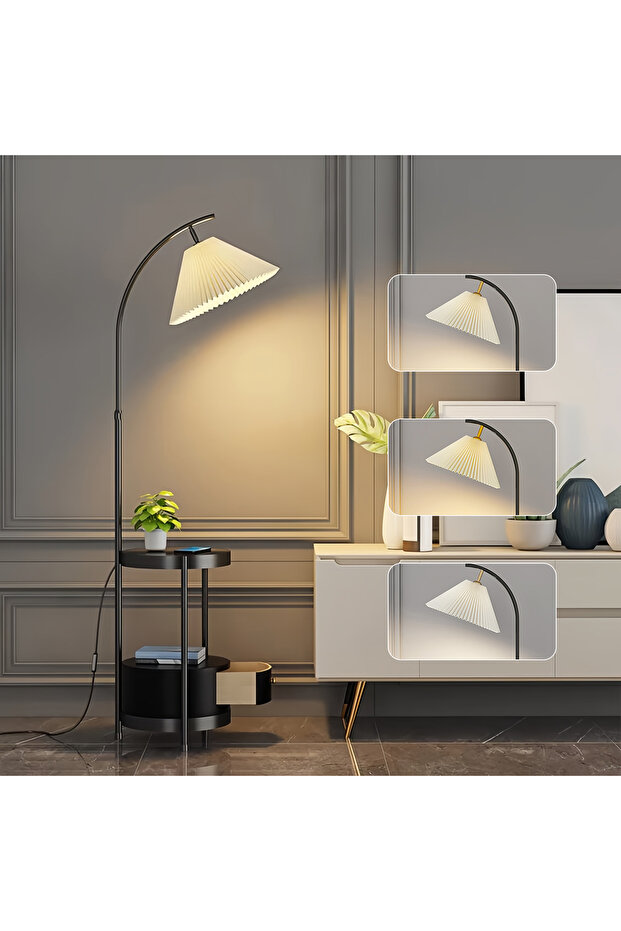 Arc Floor Lamp with Side Table, 3-Color Dimmable LED,12W Standing Lamp with Storage Shelf