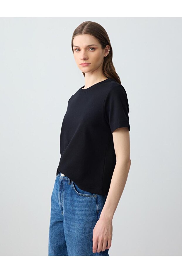 Siyah %100 Pamuk Kısa Kollu Basic Örme Tişört - 3