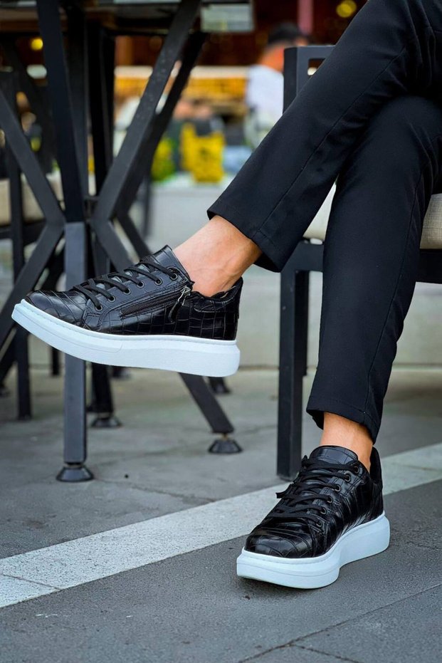 Kb309 Men's Daily Lace-Up Zippered Croco Patterned Leather Sports Sneaker Shoes Cbt - Black