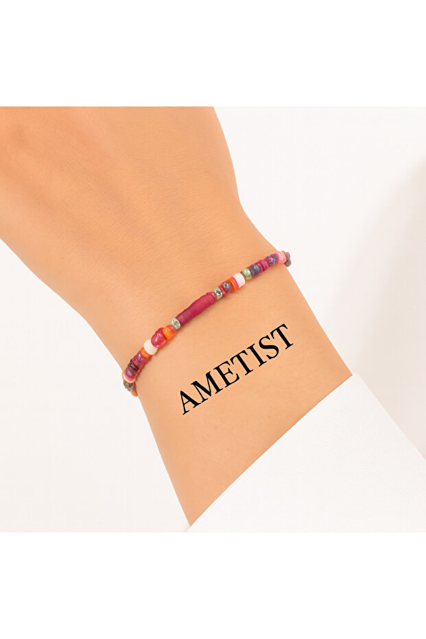 Amethyst Stone Detailed Colorful Beaded Adjustable Bracelet