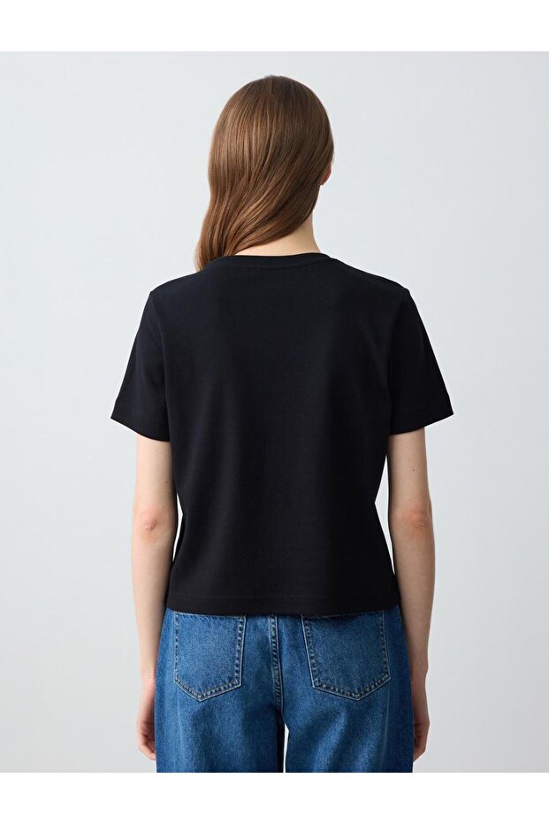 Siyah %100 Pamuk Kısa Kollu Basic Örme Tişört - 5
