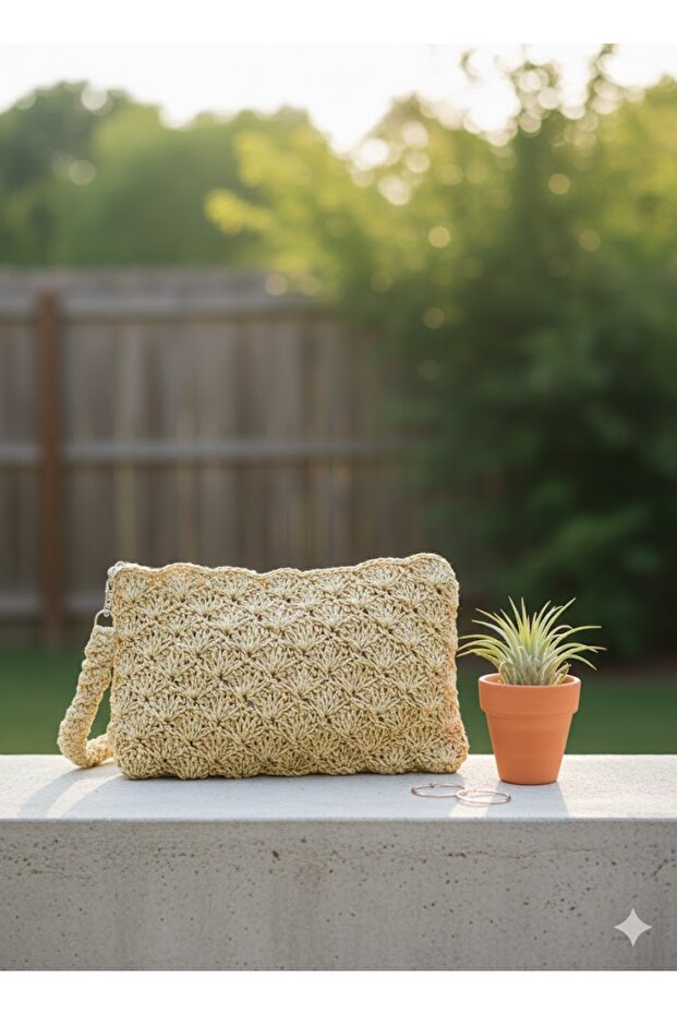 El Çanta Kağıt İp Örme Hardal 27x16x17 - 2