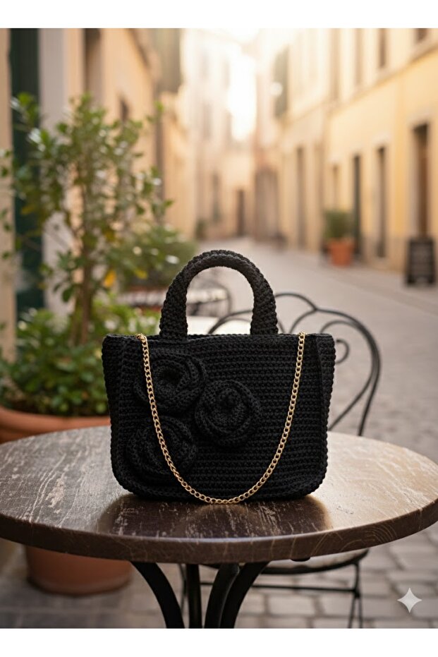 El - Çapraz Çanta Mango Model İp Örme Siyah 28x23x60 - 1