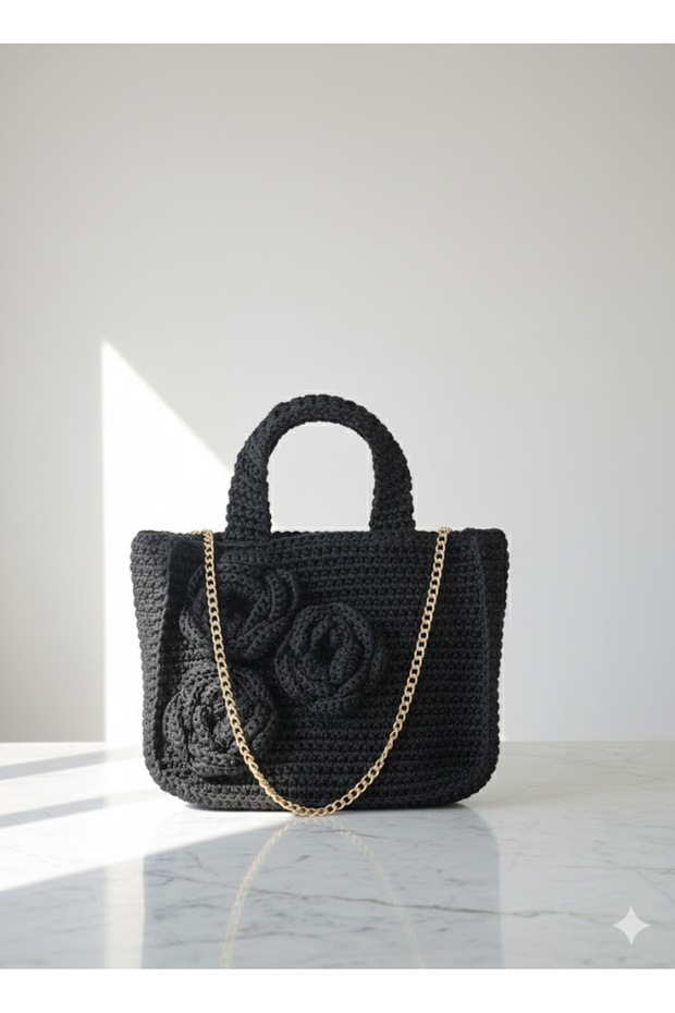 El - Çapraz Çanta Mango Model İp Örme Siyah 28x23x60 - 5