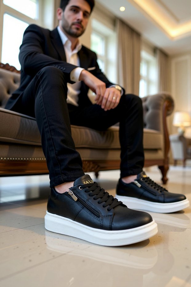 Men's Lace-Up Zippered Leather Sneaker Standard Fit Functional Durable Quality Modern