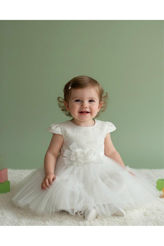 1-5 Years Old Baby Girl Children's Detachable Flower Ruffled Ecru Evening Dress 2029