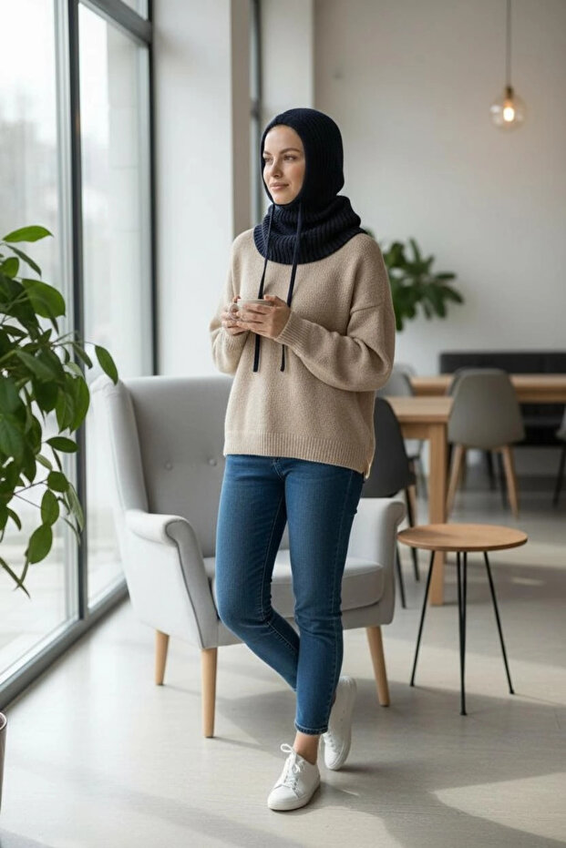 Lacivert Balaclava Triko Başlık - 2