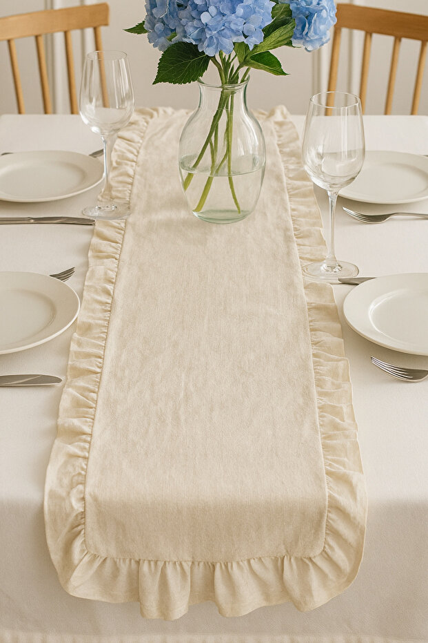 Natural 100% Cotton Recycled Linen Washed Natural Fabric Overlock Stitched Frilled Runner