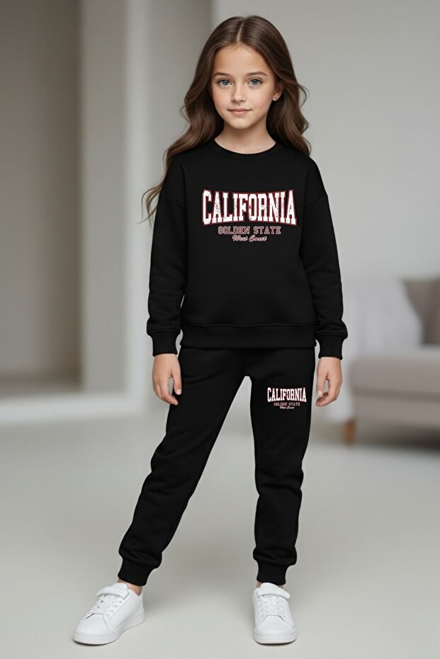Girls' California Printed Crew Neck Tracksuit Set – Black & Gray