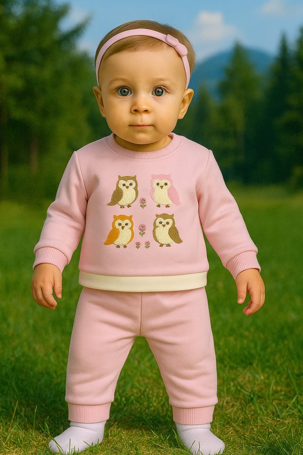 Karacon 181-12-25 Baby Girl Tracksuit Set with Owl Embroidery Ecru Striped 2-Piece Set 6–18 Months