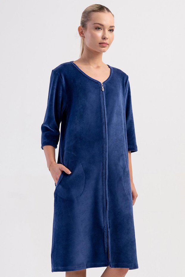Women's Velvet Fabric Zippered Capri Sleeve Navy Blue Color Home Dress C7T1N0705