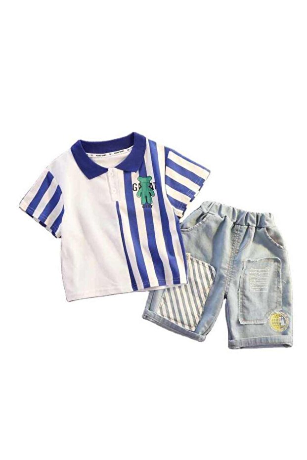 Boys’ Summer 2-Piece Set | 36-48 Months | White & Blue | Cotton | Polo Top &Shorts | Breathable