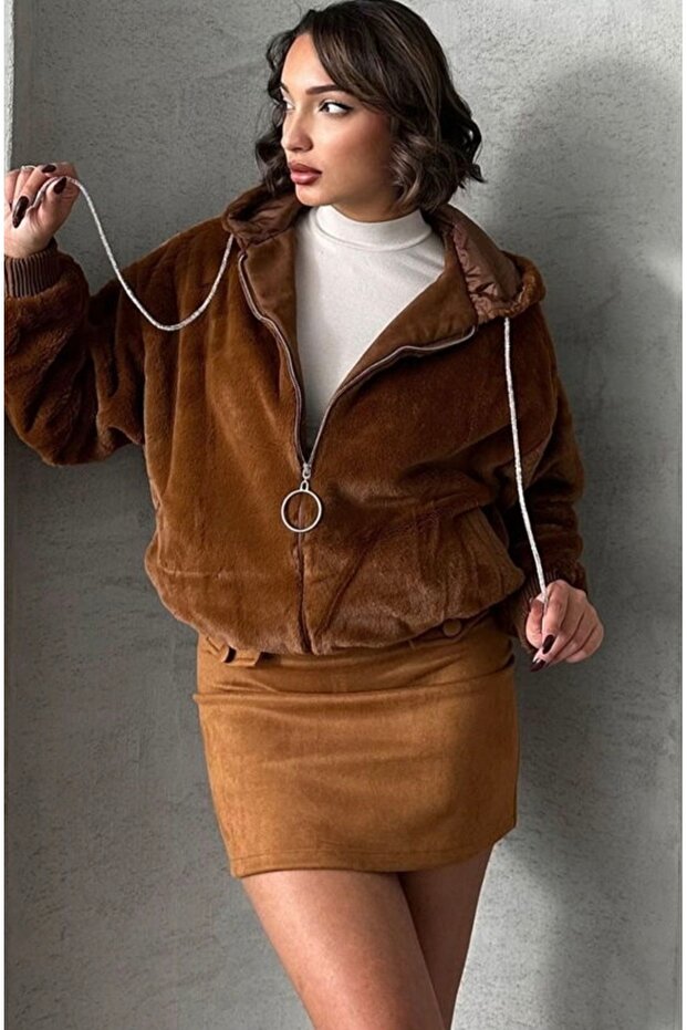 Faux Fur Hooded Stylish Coat with Rope Detailing and Lining 5677Lu^^