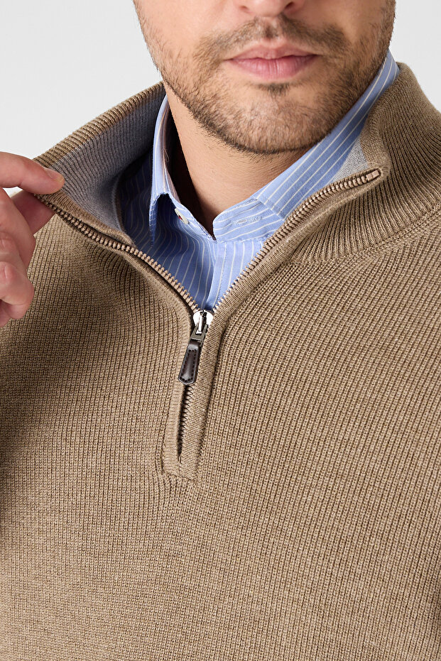 Monica Men's Mink Thessaloniki Knitted Half Zipper Mock Neck Regular Fit Sweater