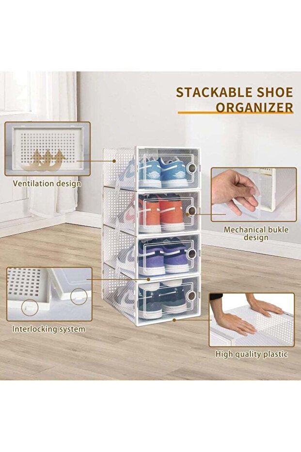عبوة من 12 صندوق تخزين أحذية شفاف قابل للطي والتكديس (أبيض) - 6