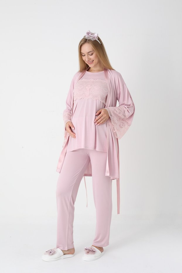 Women's Special Lace Design Cotton Maternity Pajama Set with Dressing Gown, 3-Piece Pajama Set