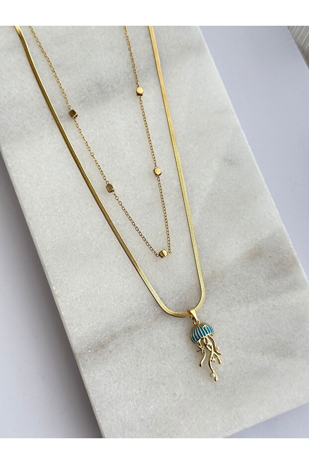 Steel Double Necklace (2-Piece Necklace with Enamel Jellyfish Detail, Featuring an Italian Chain and a Cube Snake Chain)