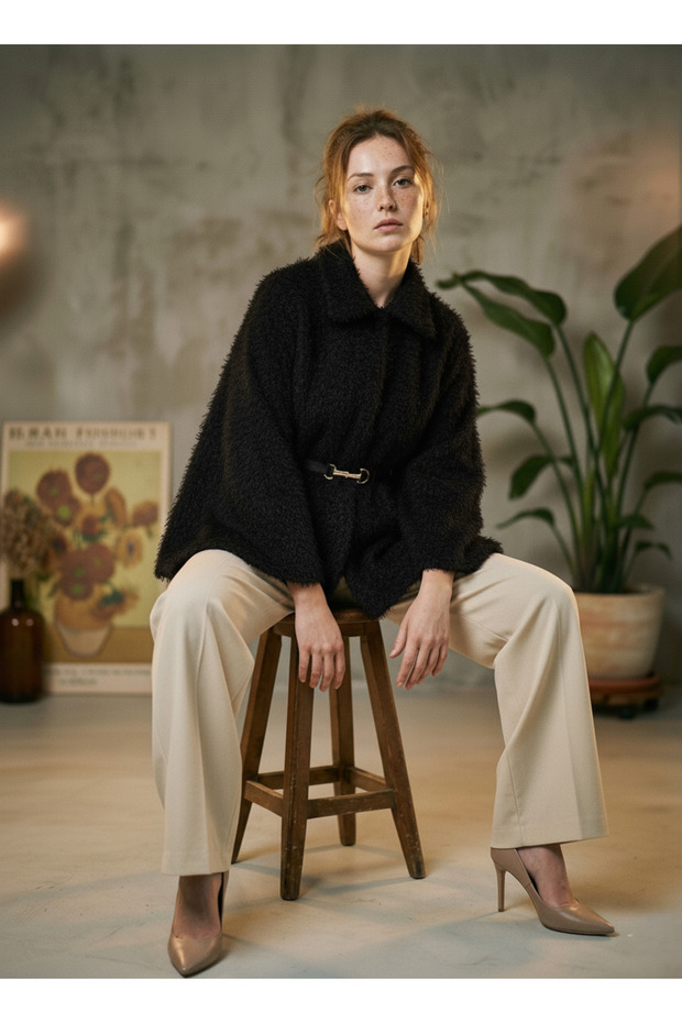 Premium Feather Belt Detailed Shirt Collar Women's Poncho