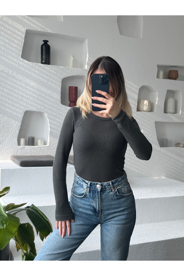 material reiat guler rotund Bluză cu mânecă lungă - 3