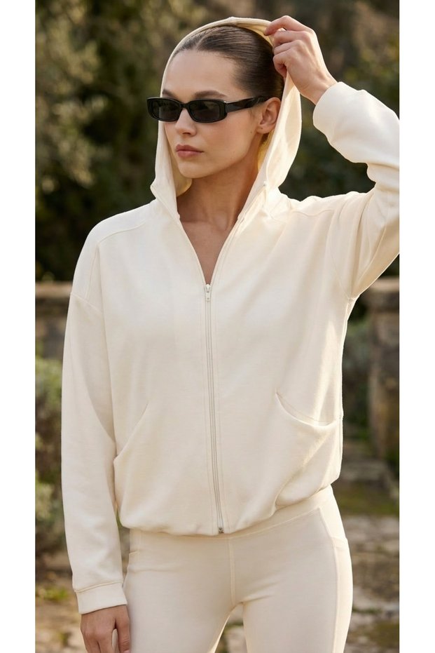 Ecru Soft Textured Fabric Hooded Knitted Sports Jacket