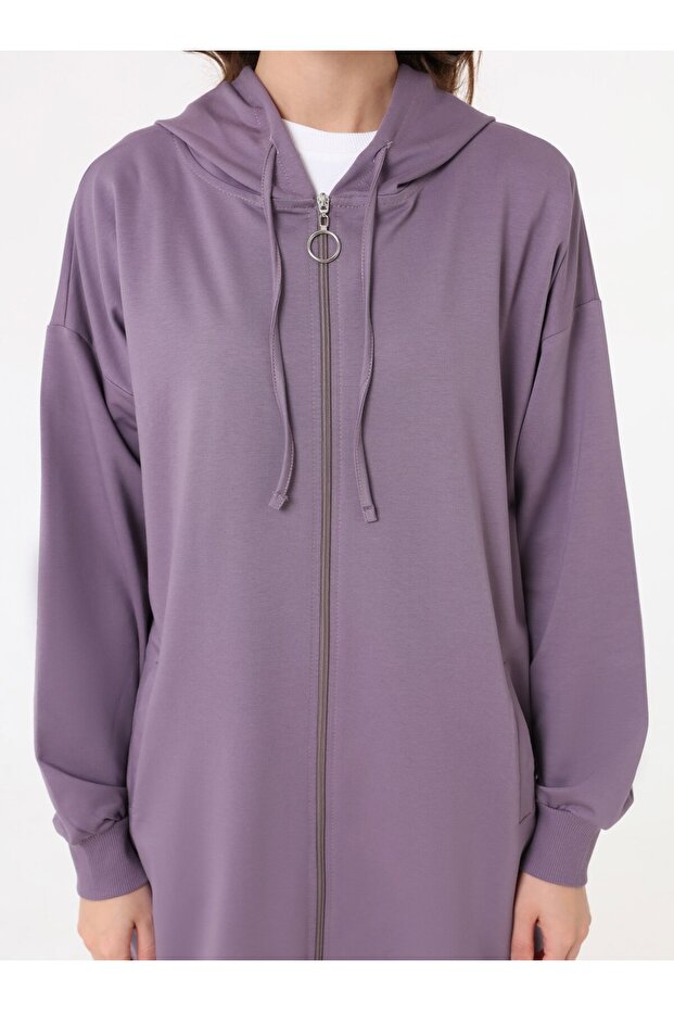 Basic Fermuarlı Kapüşonlu Sweatshirt - Lavanta - - 3