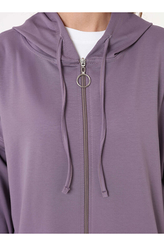 Basic Fermuarlı Kapüşonlu Sweatshirt - Lavanta - - 4