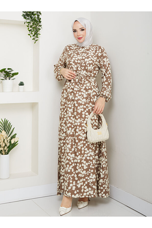 Leaf Patterned Viscose Dress - Cream -
