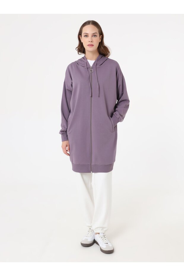 Basic Fermuarlı Kapüşonlu Sweatshirt - Lavanta - - 1