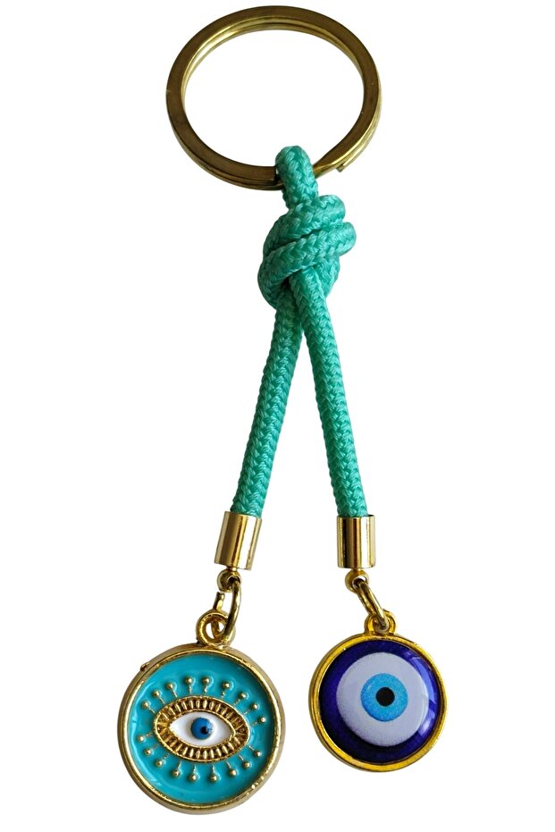 Double Evil Eye Beaded Keychain – Metal Keychain with Green String, Symbol of Luck and Protection, Eye Motif